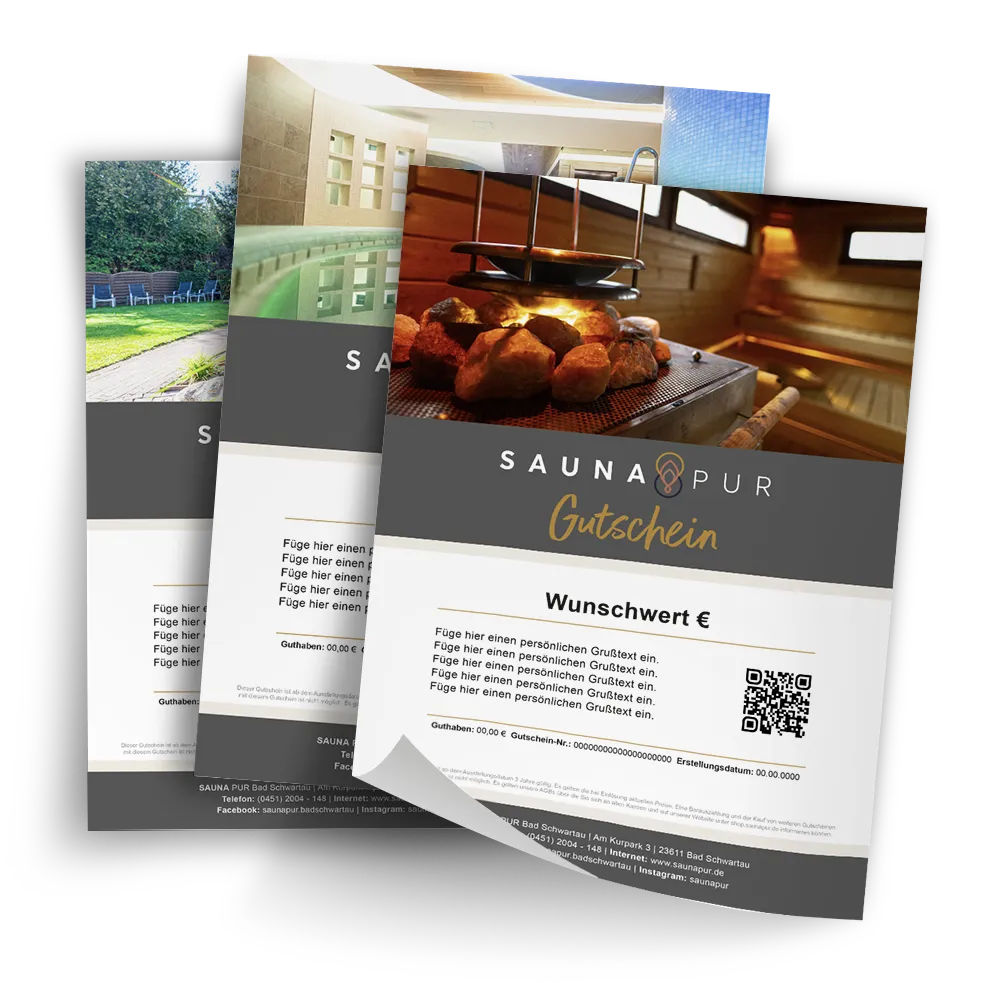 Übersicht verschiedener SAUNA PUR Gutscheine für Wellness- und Saunaangebote