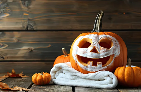 Kürbis mit Handtuch als herbstliche Dekoration im Wellnessbereich von SAUNA PUR