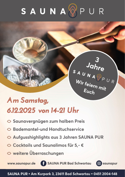 Flyer zum Jubiläumsevent 3 Jahre SAUNA PUR mit Programmübersicht